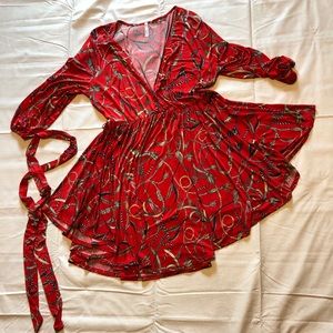 L/S Red Print mini Dress full skater w tie